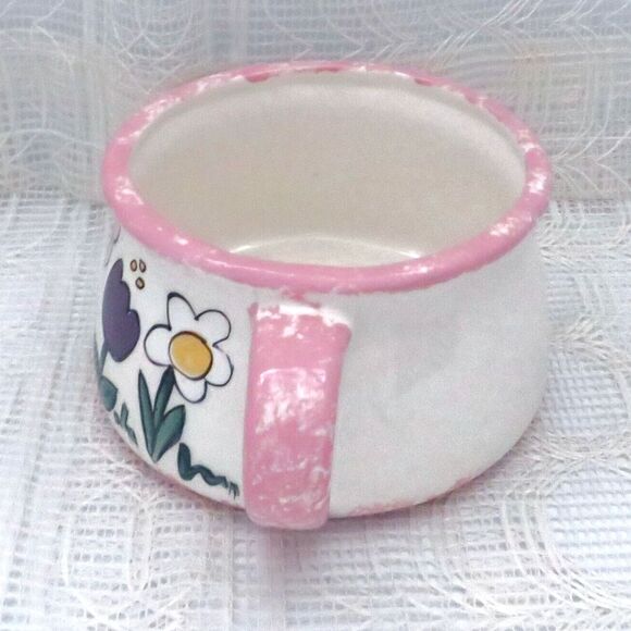 Handmade Vintage White Ceramic Soup Mug with Purple and Pink Flowers, Soup Cup - Picture 2 of 7